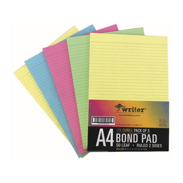 Writer 2 Sided Ruled Bond Pad Assorted Colors 50 page A4 5pk