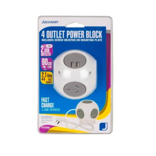 Jackson Industries 4 Outlet 2 USB Ports Power Block (White)