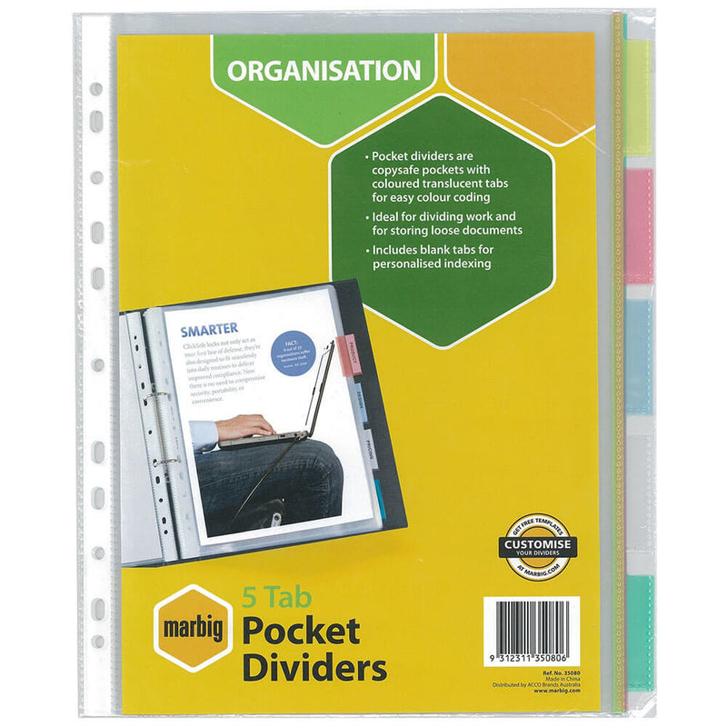 Marbig 5 Tab Pocket Dividers A4 (Clear)